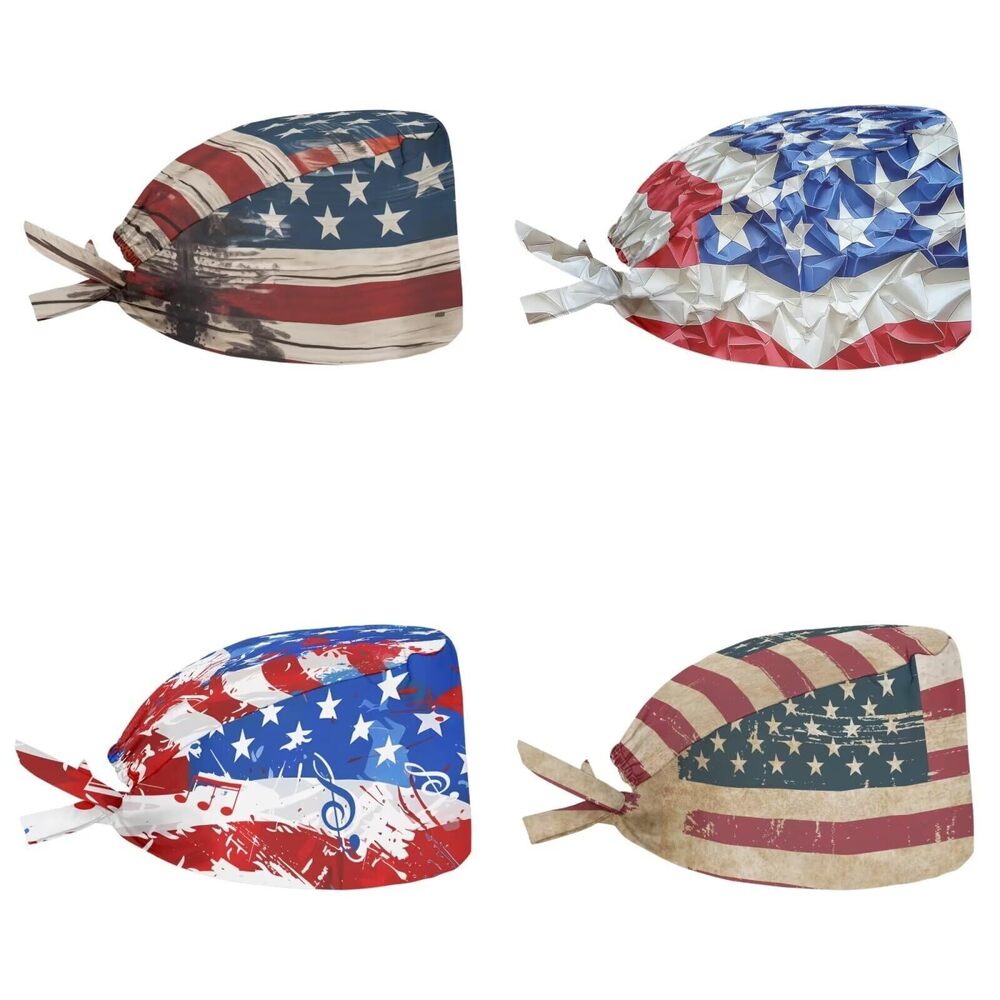 6980 American Flag Working Hats Set of 4 Hair Covering with Sweatband Scrub